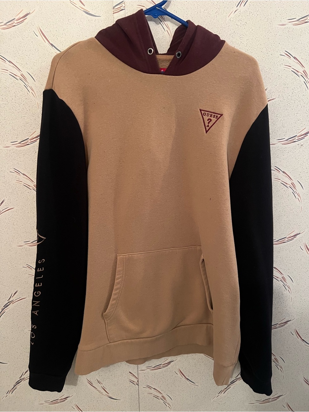 GUESS Two-Tone Pullover Hoodie — Tan, Black & Burgundy